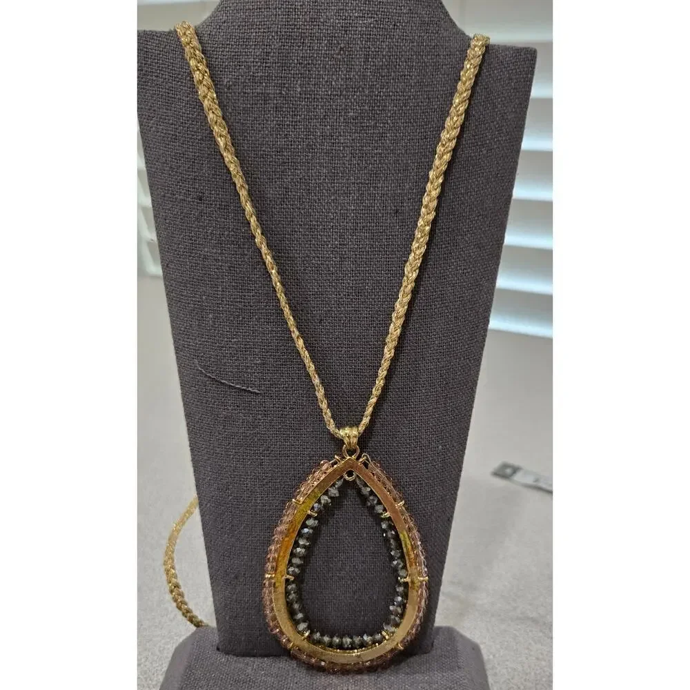 Jessica Simpson Gold Amber Clear Beaded Tear Drop Pendant Necklace Braided